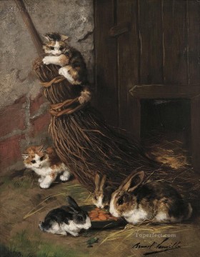 Chatons au jeu avec des lapins au fourrage Alfred Brunel de Neuville Peinture à l'huile